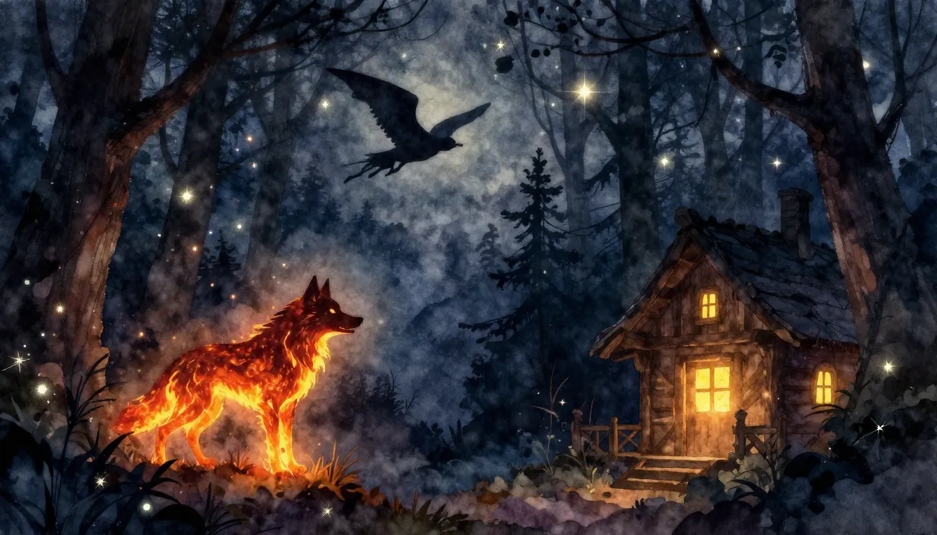 Watercolor style. Mystical dark forest at night, glowing sta...