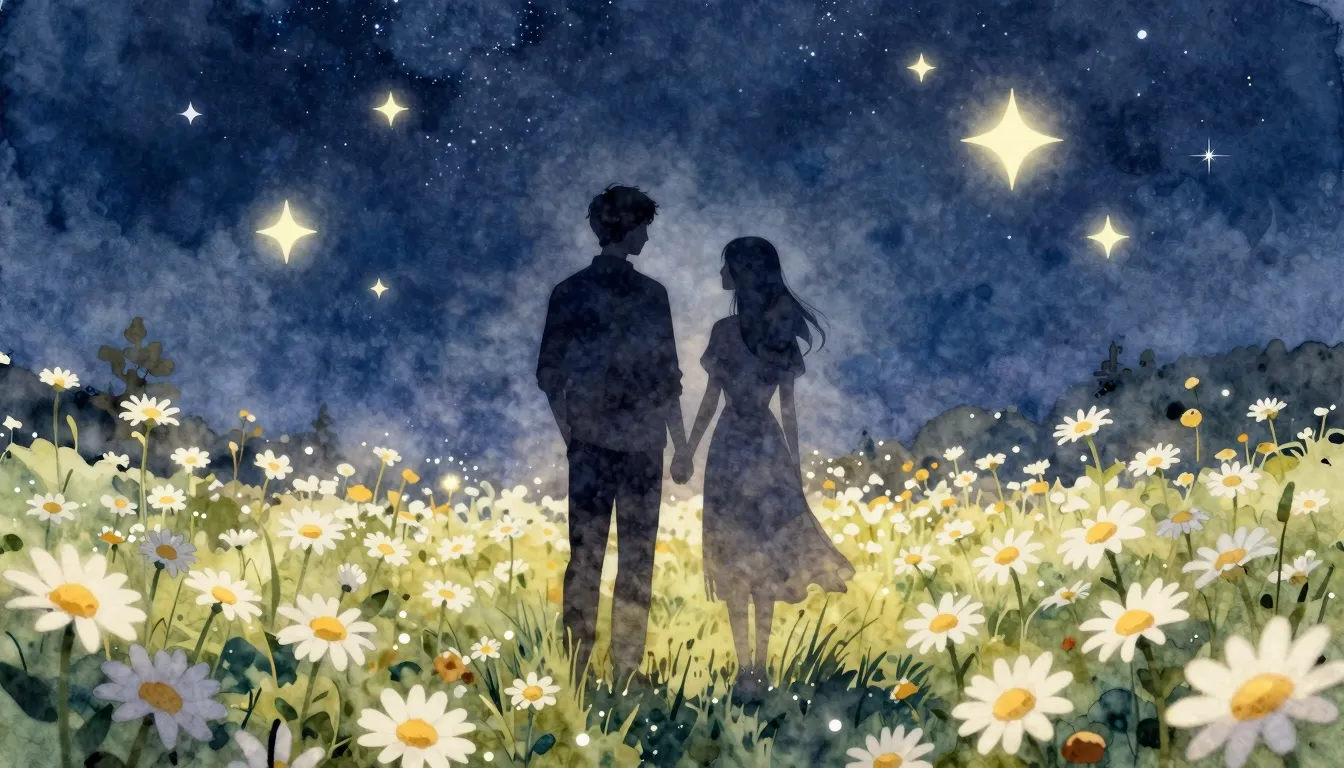 Watercolor style. A silhouette of a couple standing on a fie...