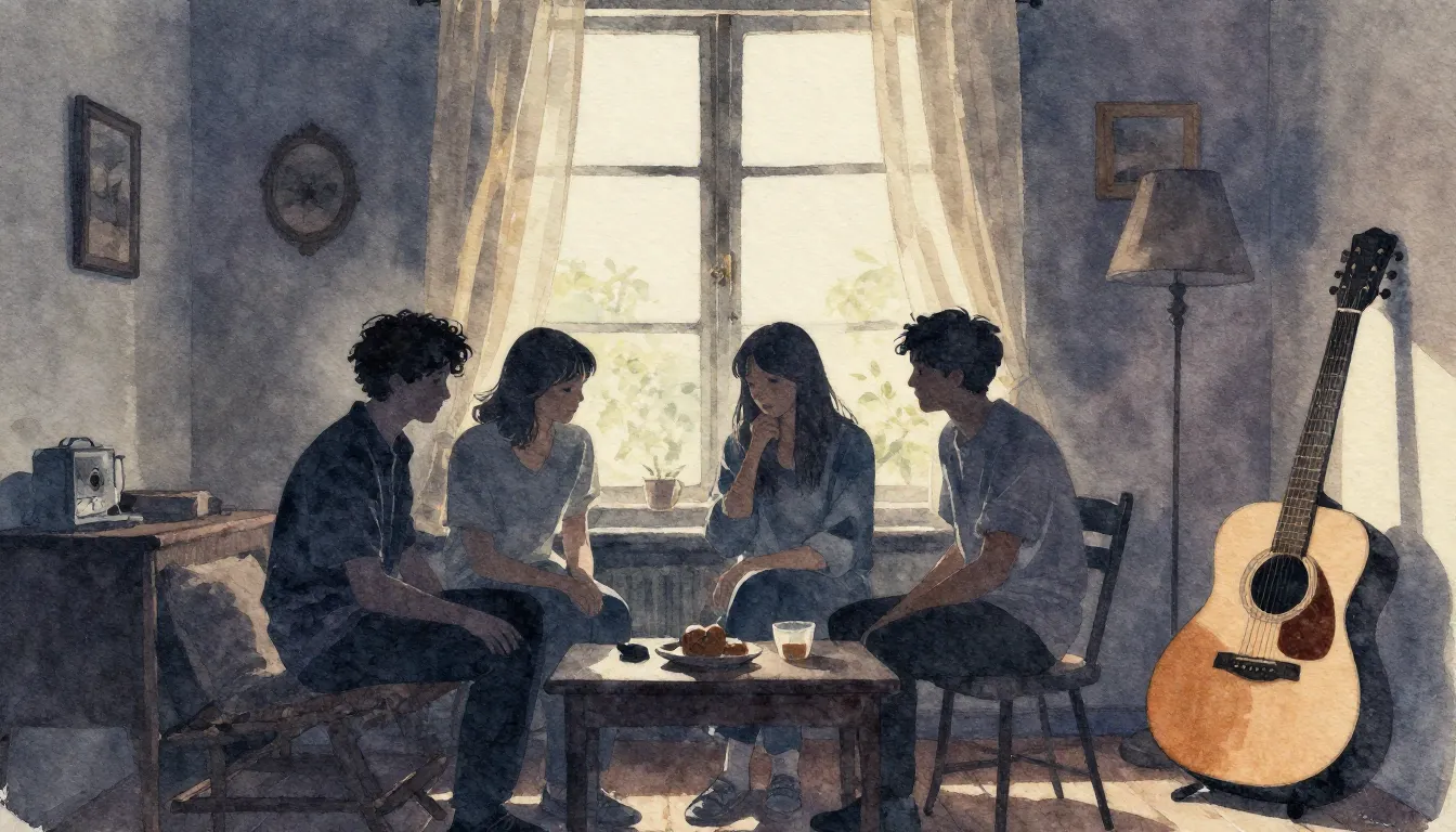 Watercolor style. A cozy room with a vintage atmosphere, sil...