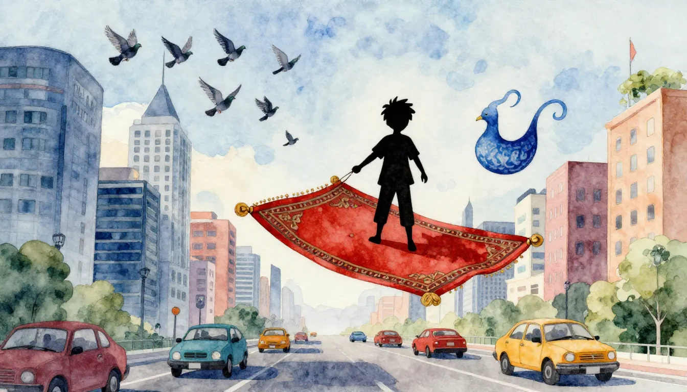 Watercolor style. A silhouette of a boy and a genie flying o...