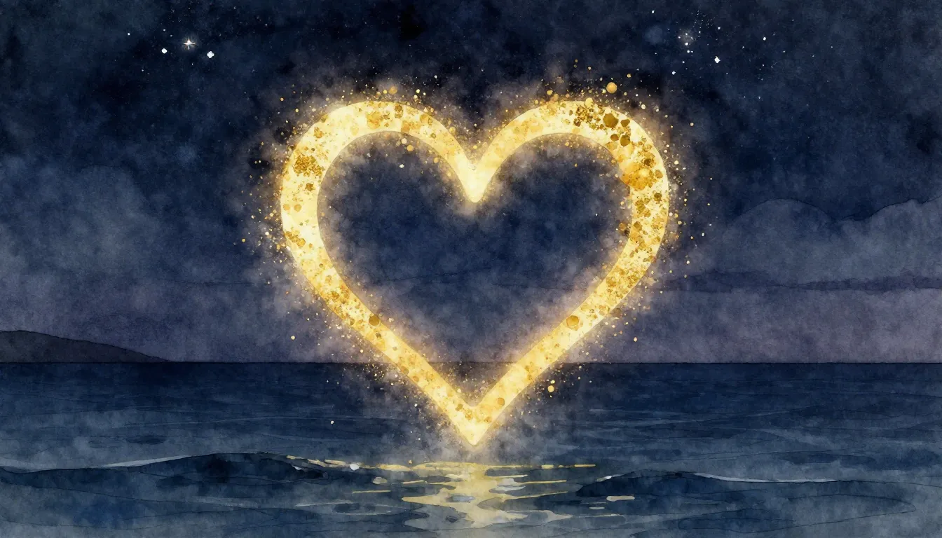 Watercolor style. A glowing silhouette of a heart made of go...