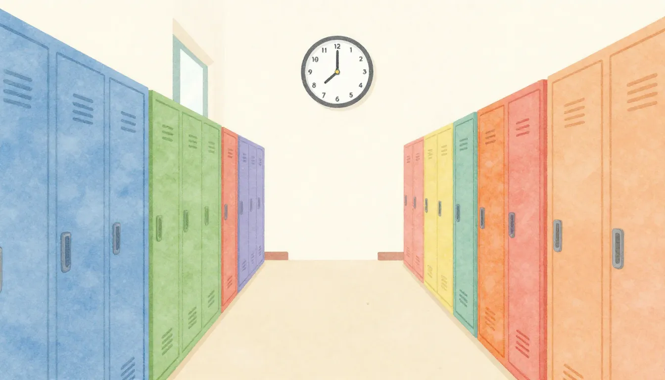 Watercolor style. A colorful school hallway with lockers, a ...
