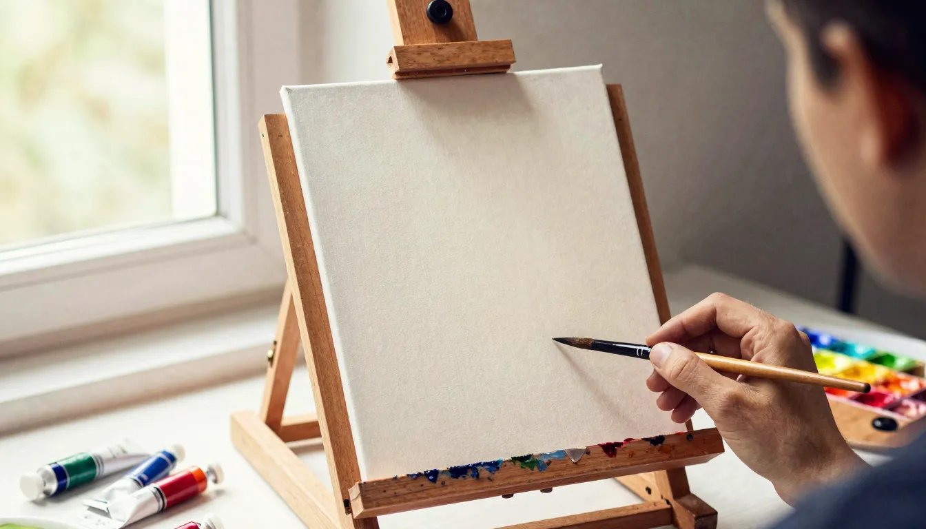 Watercolor style. A wooden easel with a blank canvas, colorf...