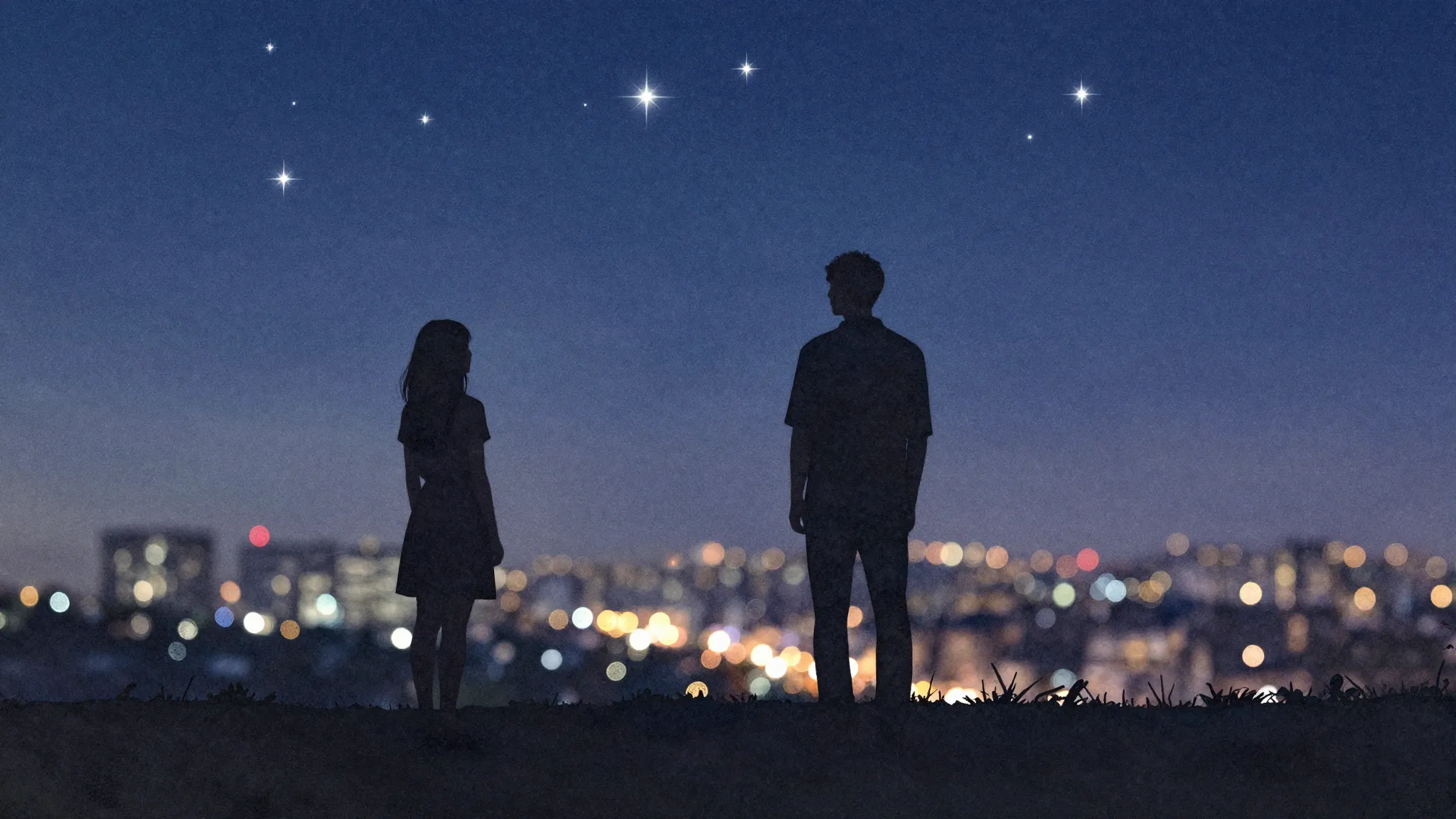 Watercolor style. Silhouette of a girl looking at a tall sil...