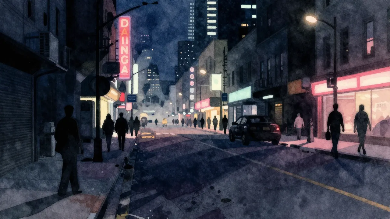Watercolor style. Dark urban street silhouettes in backgroun...