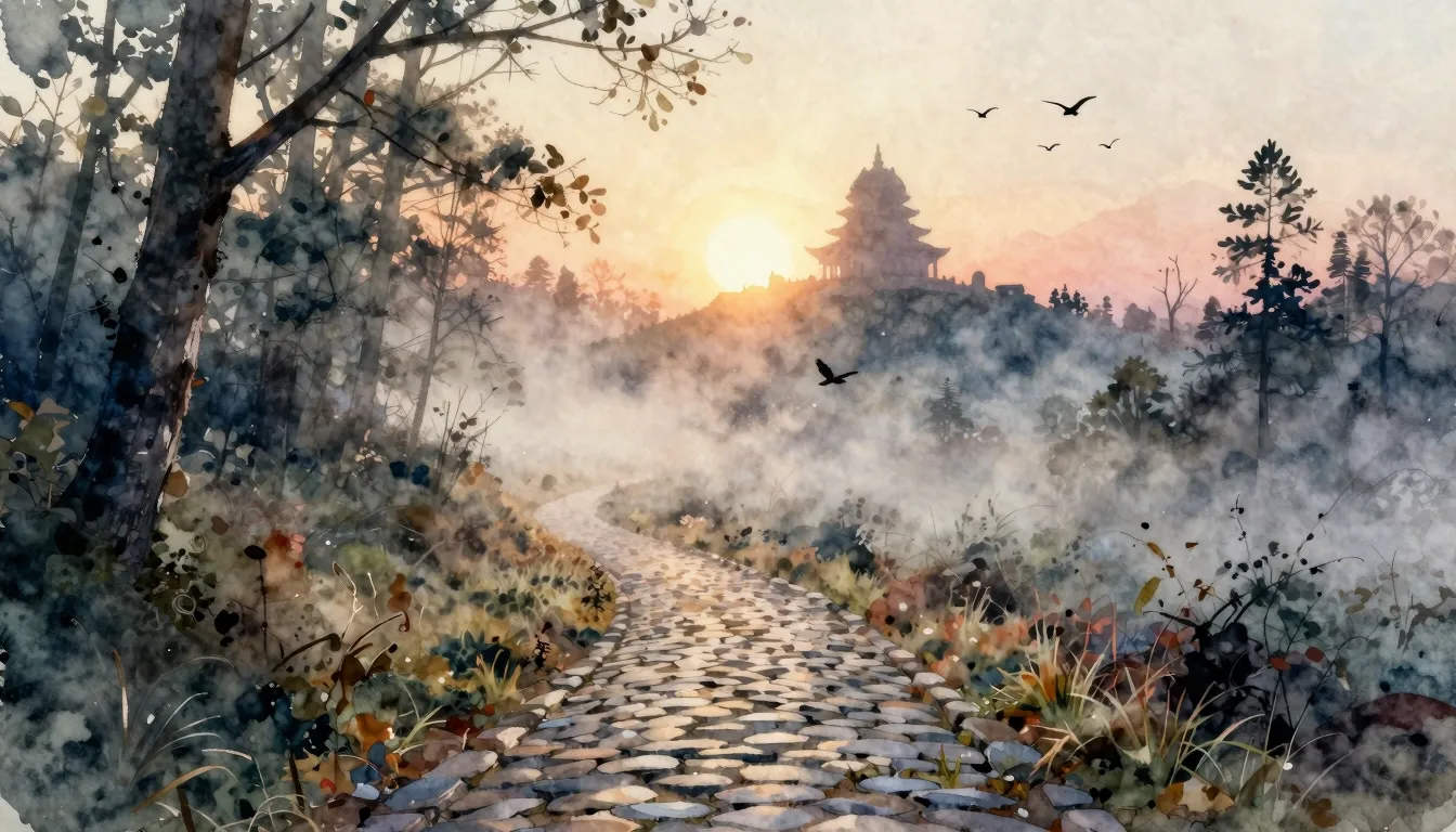 Watercolor style. A winding cobblestone path leading through...