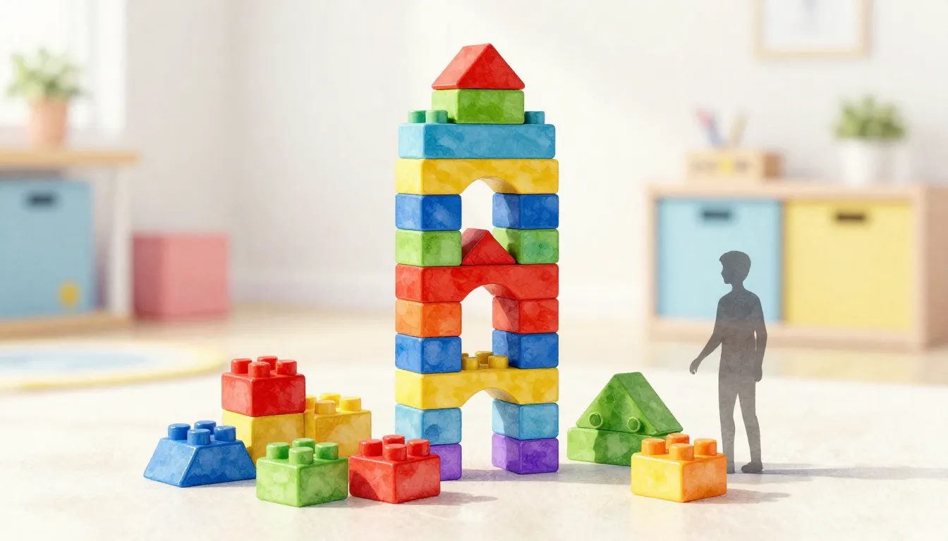 Watercolor style. Colorful plastic construction blocks of va...