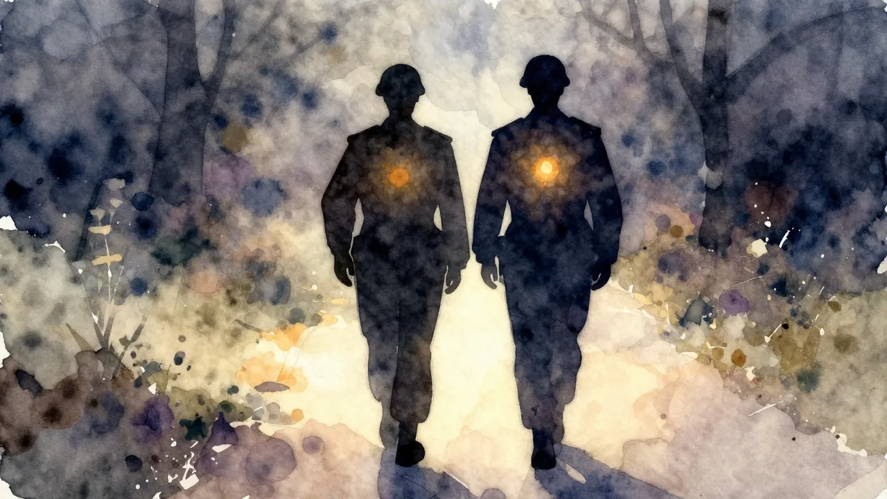 Watercolor style. Two dark silhouettes walking together on a...