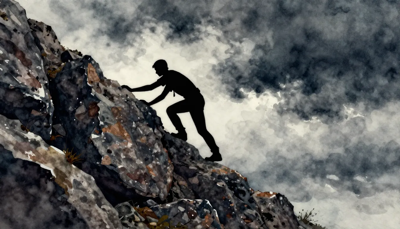 Watercolor style. A lone silhouette of a strong figure climb...