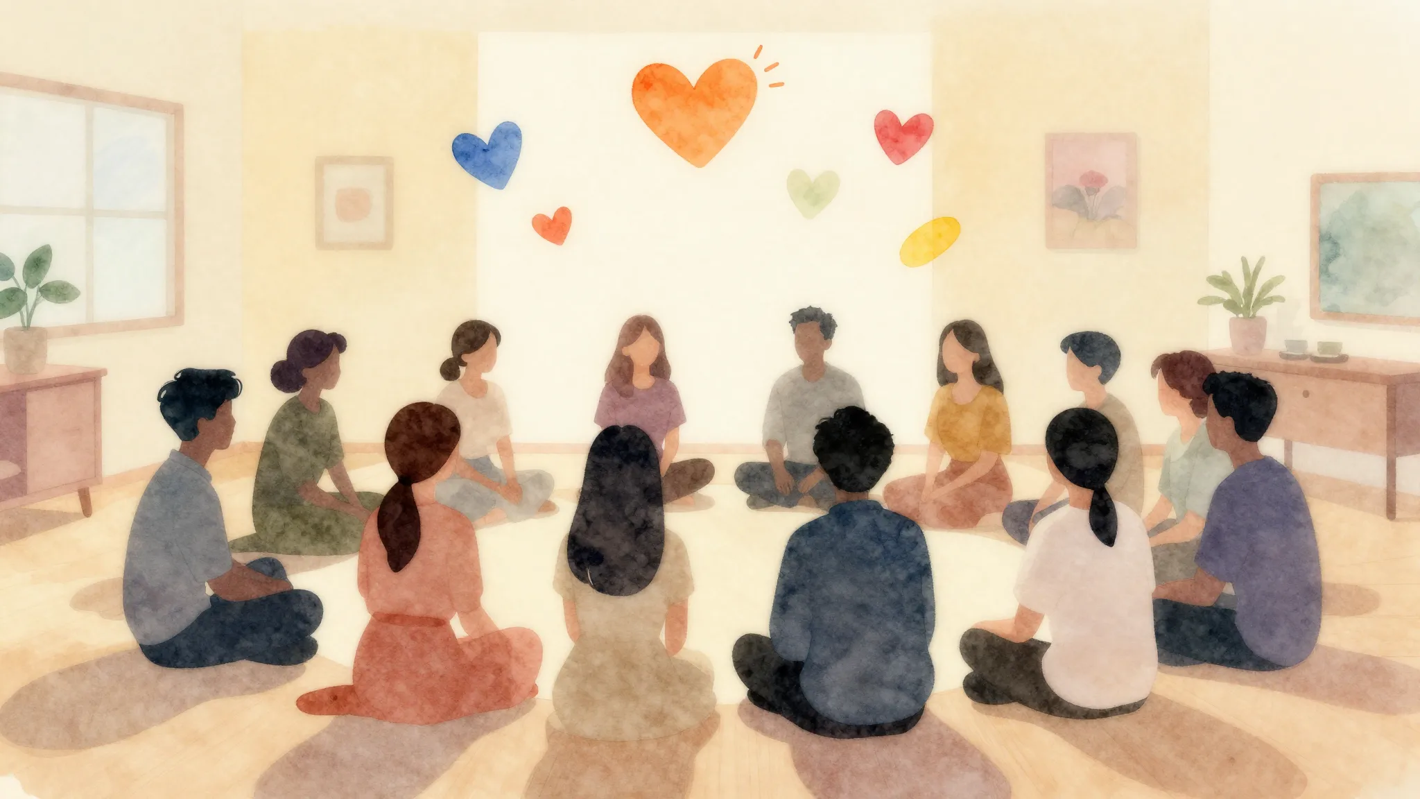 Watercolor style. A group of diverse silhouettes sitting in ...