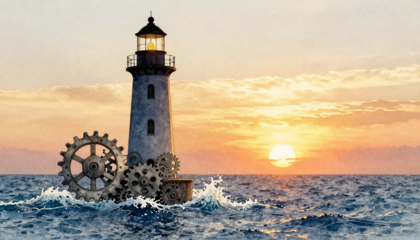 Watercolor style. A lighthouse silhouette against a sunset o...