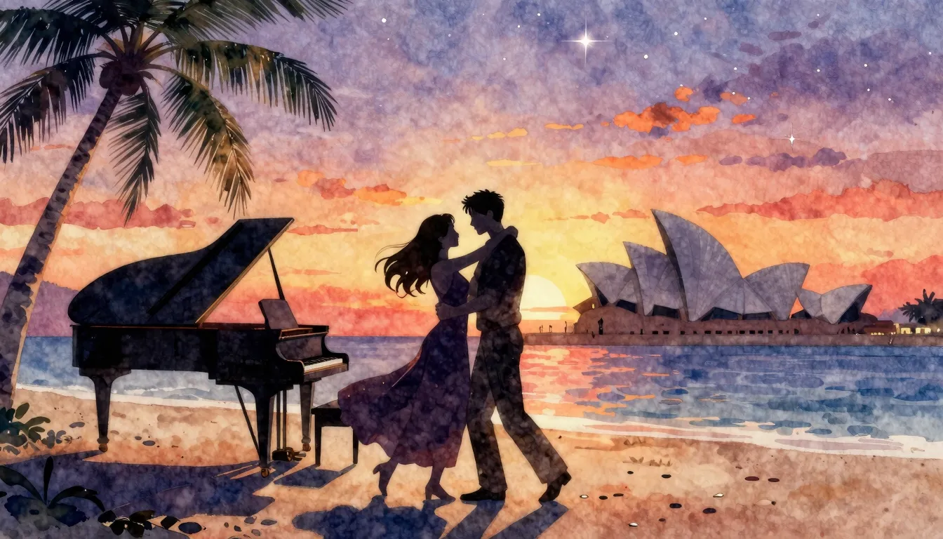 Watercolor style. A silhouette of a couple dancing on a trop...