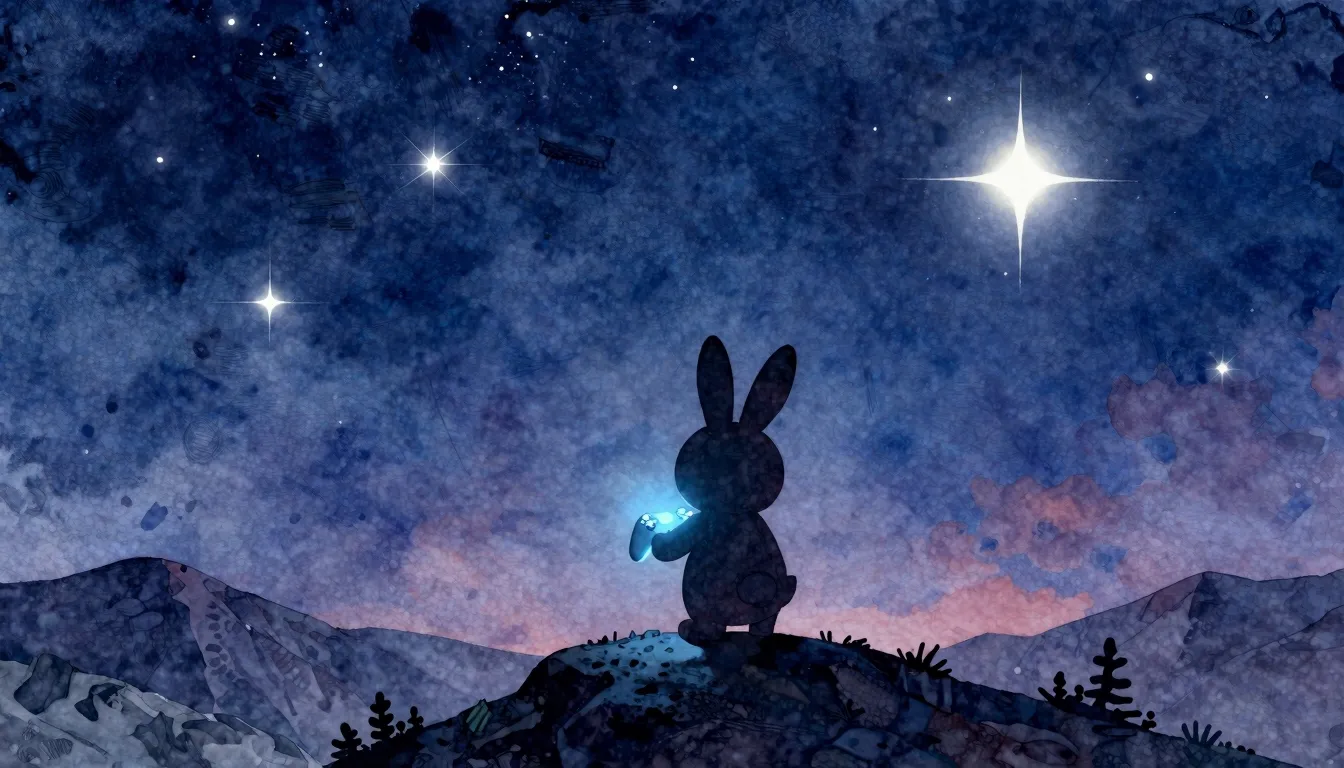 Watercolor style. A silhouette of a small rabbit holding a g...