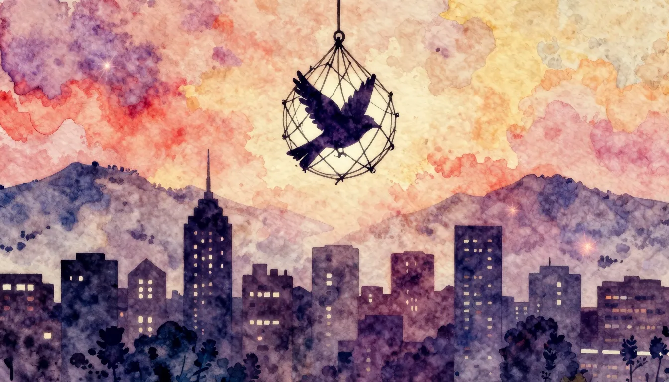 Vibrant watercolor style. Indie album cover: trapped bird si...