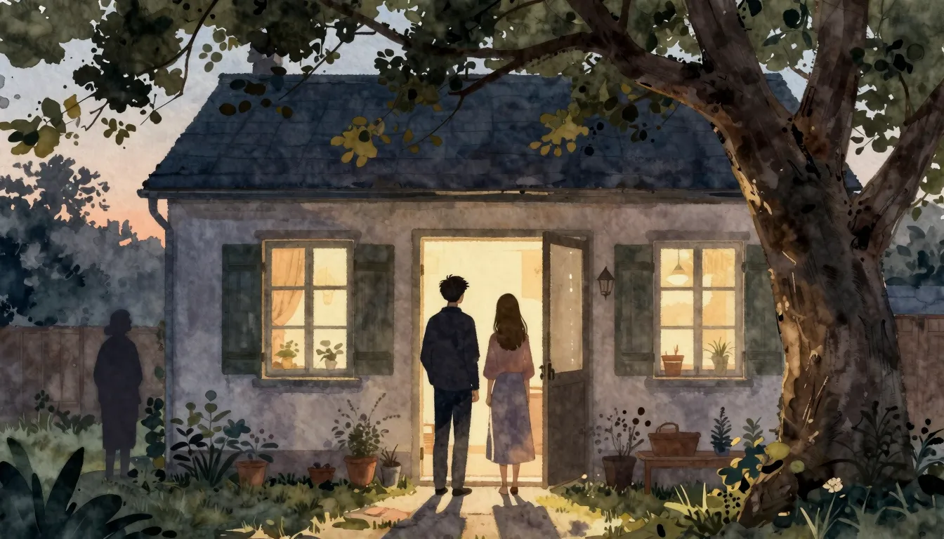 Watercolor style. A silhouette of a young man and a young wo...