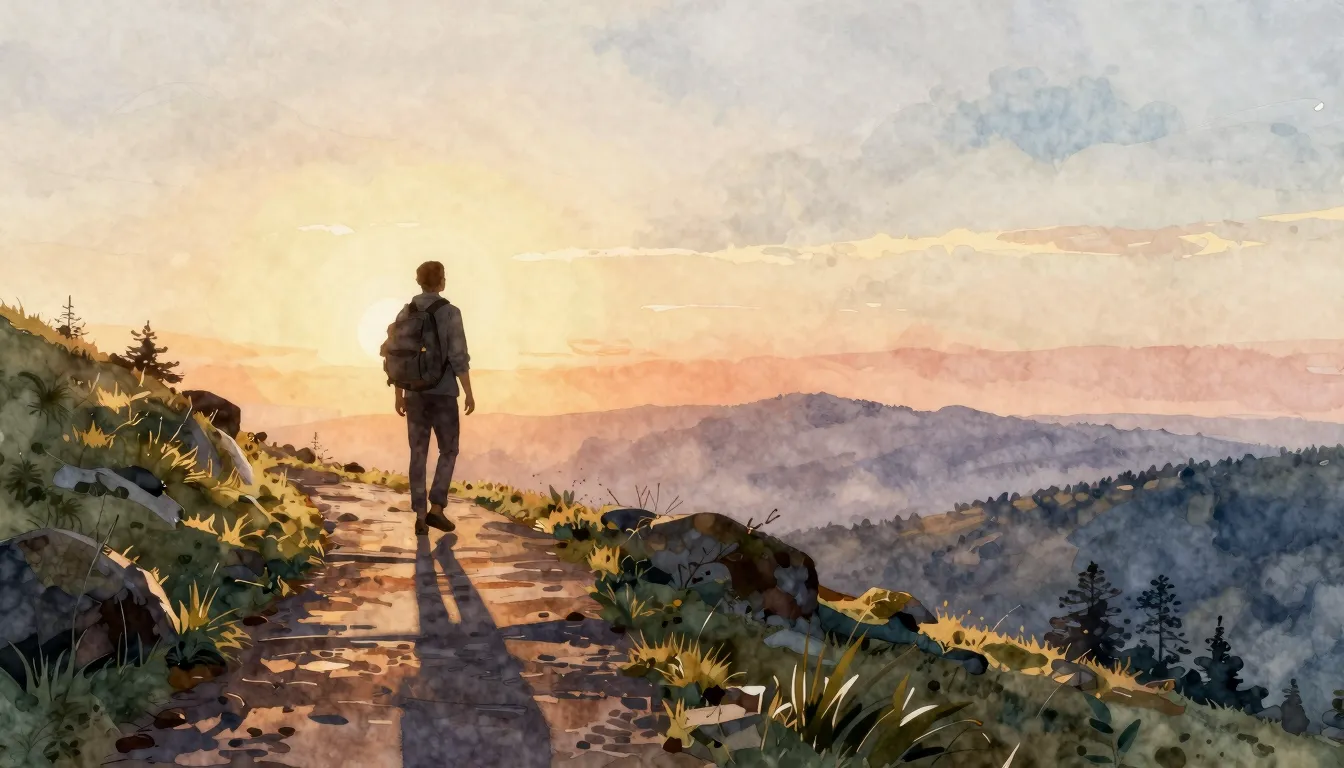 Watercolor style. Silhouette of a traveler on a hill at sunr...