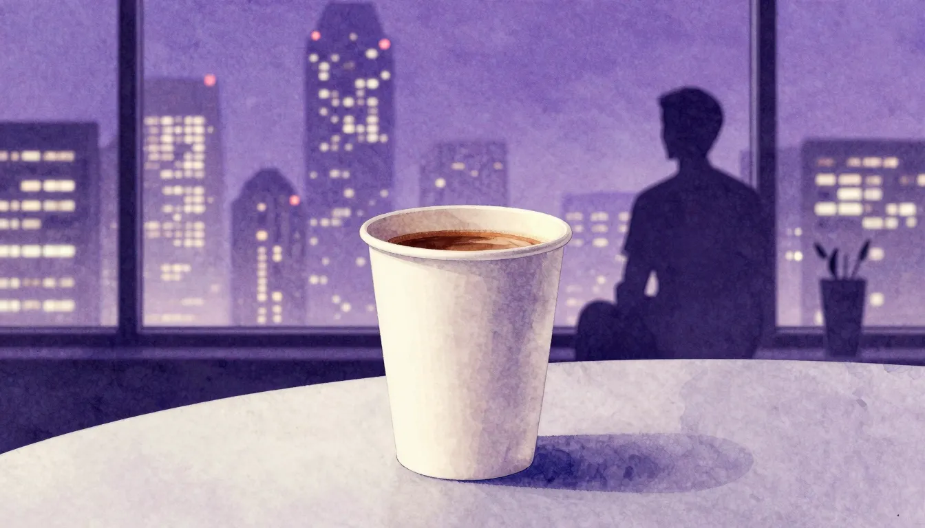 Watercolor style. A paper cup of coffee on a table, soft pur...