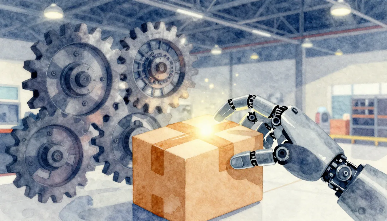 Watercolor style. Close-up of mechanical gears and a robotic...