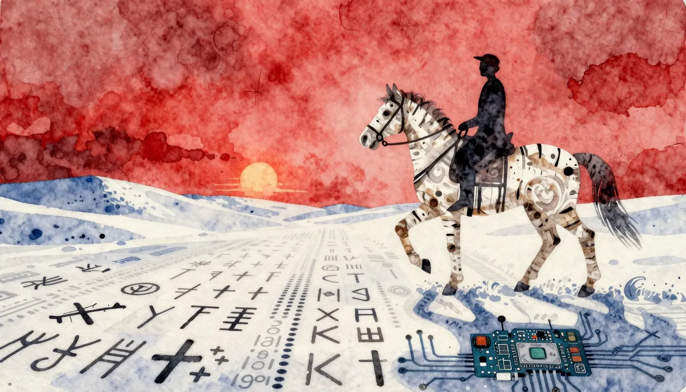 Watercolor style. A vast, snowy landscape under a crimson sk...