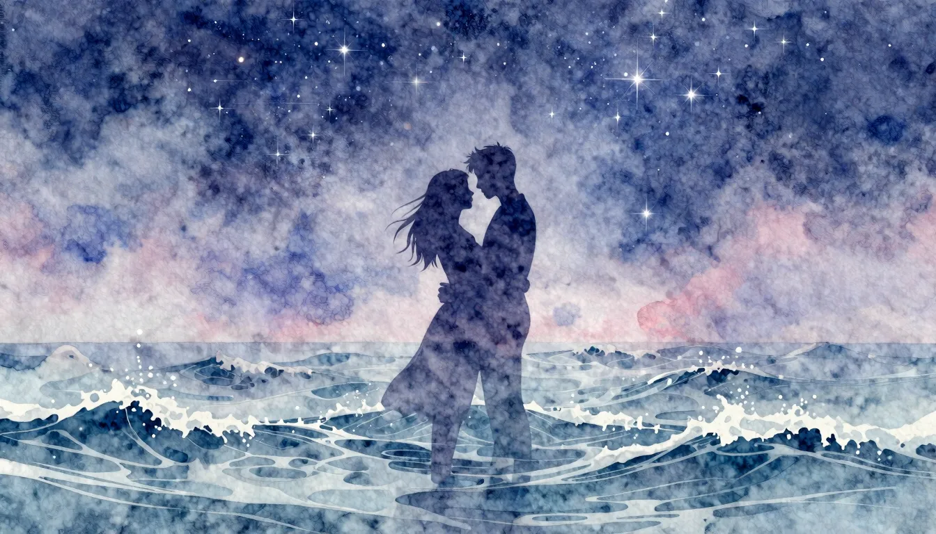 Watercolor style. A silhouette of a couple embracing, dissol...