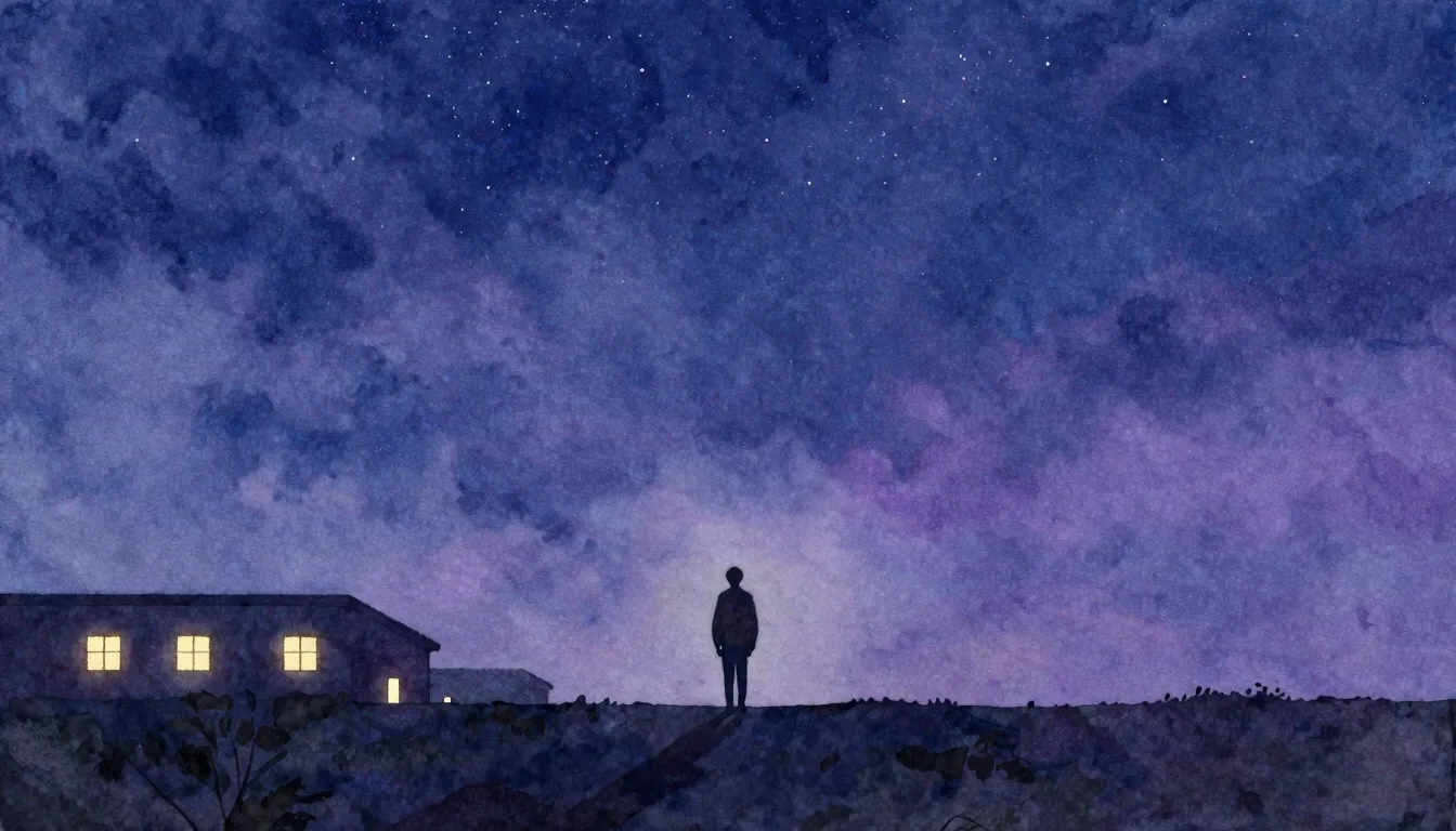 Watercolor style. A silhouette of a lonely figure standing b...