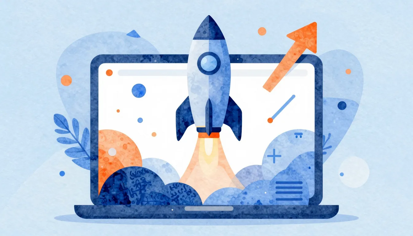Watercolor style. A stylized rocket launching from a laptop ...