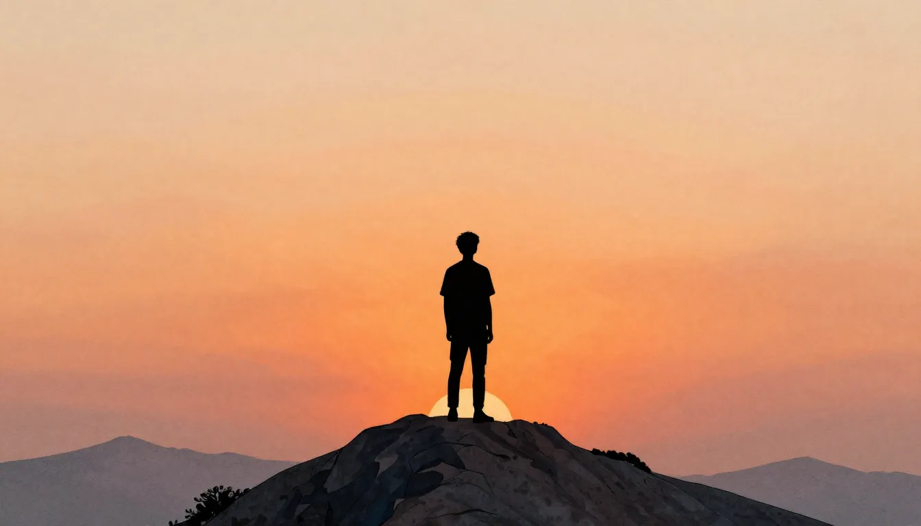 Watercolor style. A silhouette of a young man standing on a ...