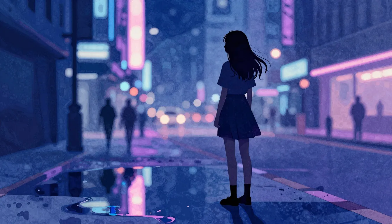 Watercolor style. Silhouette of a girl standing in a neon-li...