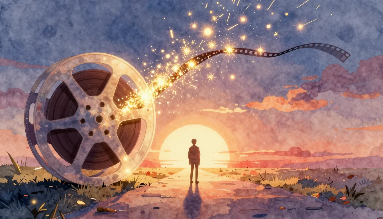 Watercolor style. A glowing film reel transforming into gold...