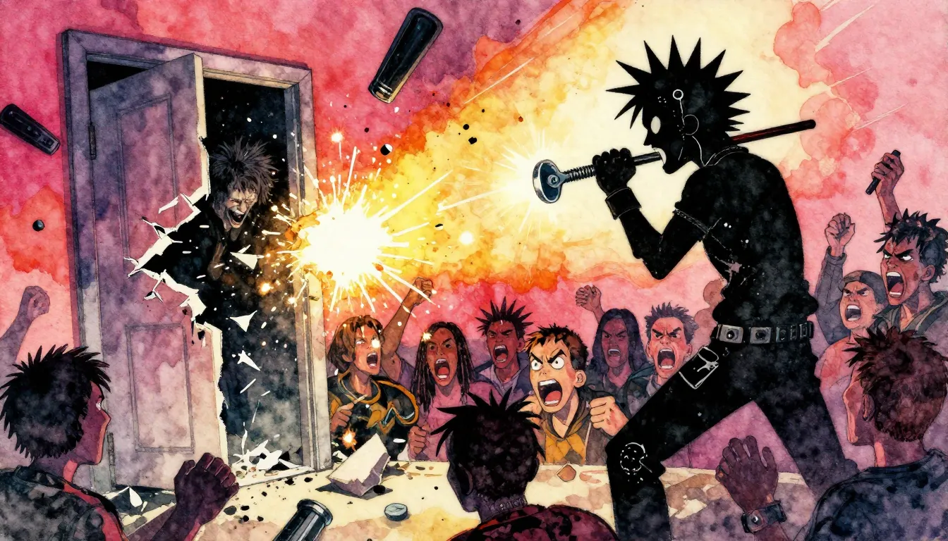 Vibrant watercolor style. Punk rock album cover: chaotic sce...