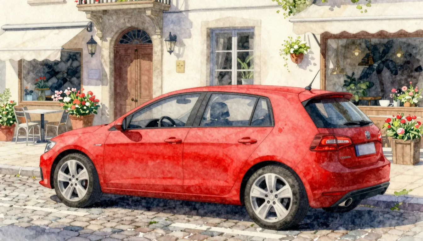 Watercolor style. A vibrant red hatchback car parked on a ch...