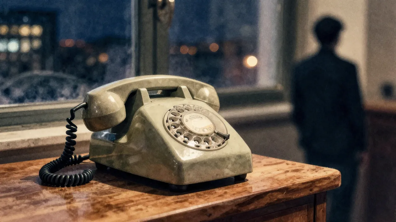 Watercolor style. A vintage rotary telephone on a wooden tab...