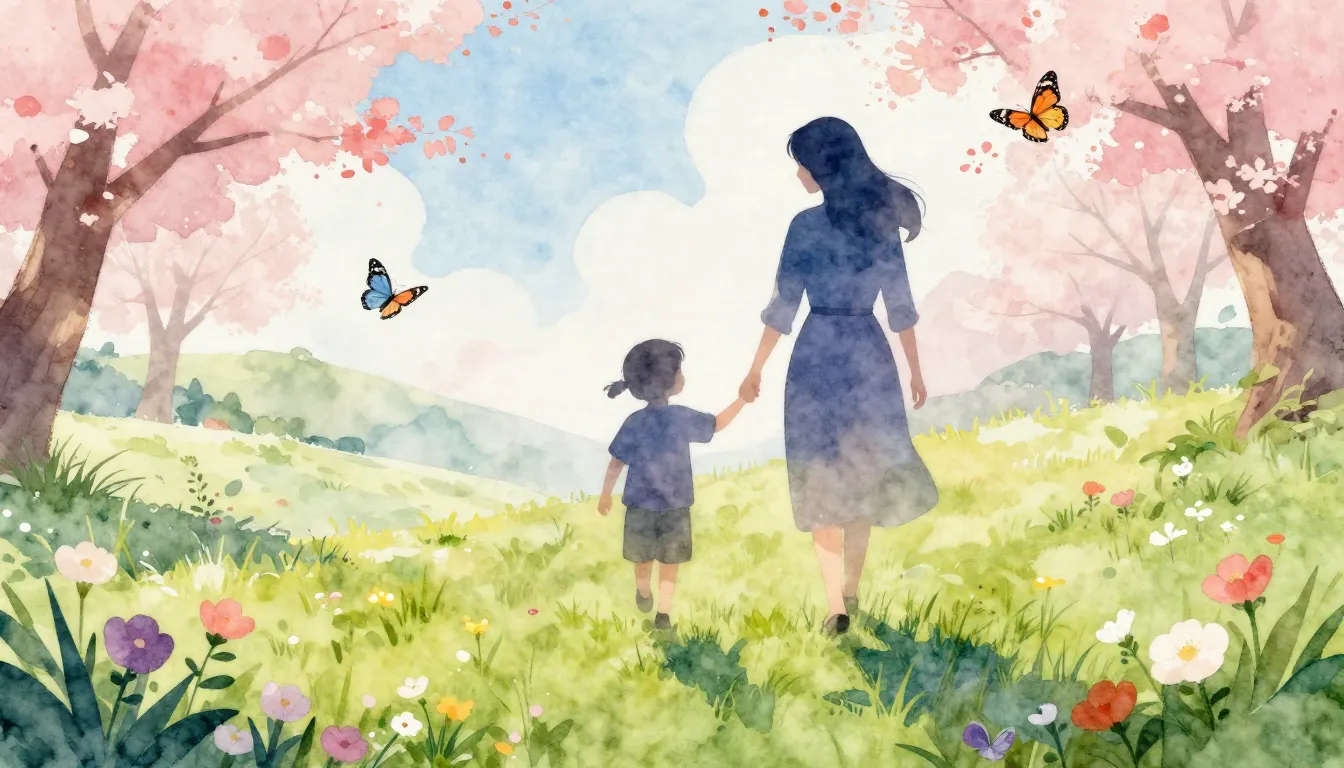 Watercolor style. A stylized silhouette of a woman and a chi...