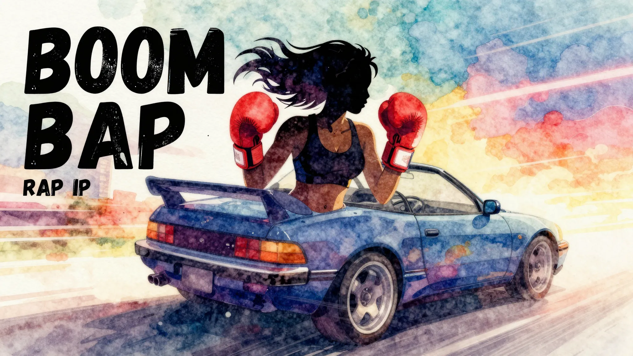 Vibrant watercolor style. Boom Bap Rap album cover. A strong...