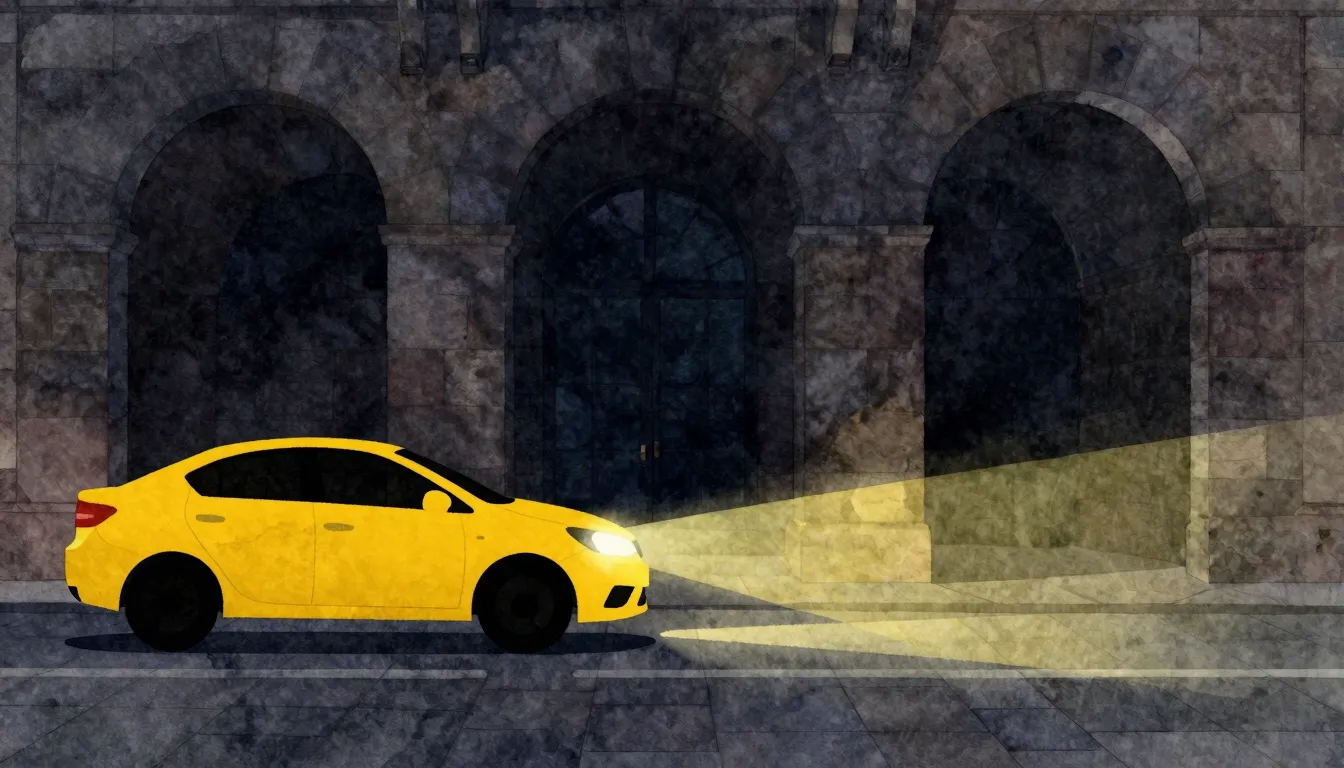 Watercolor style. Minimalist silhouette of a yellow car driv...
