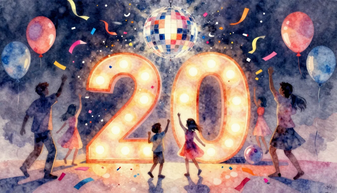 Watercolor style. A vibrant birthday party scene with a larg...