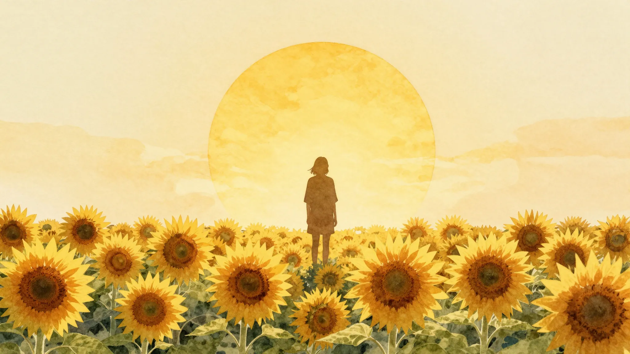 Watercolor style. Silhouette of a person standing in a field...