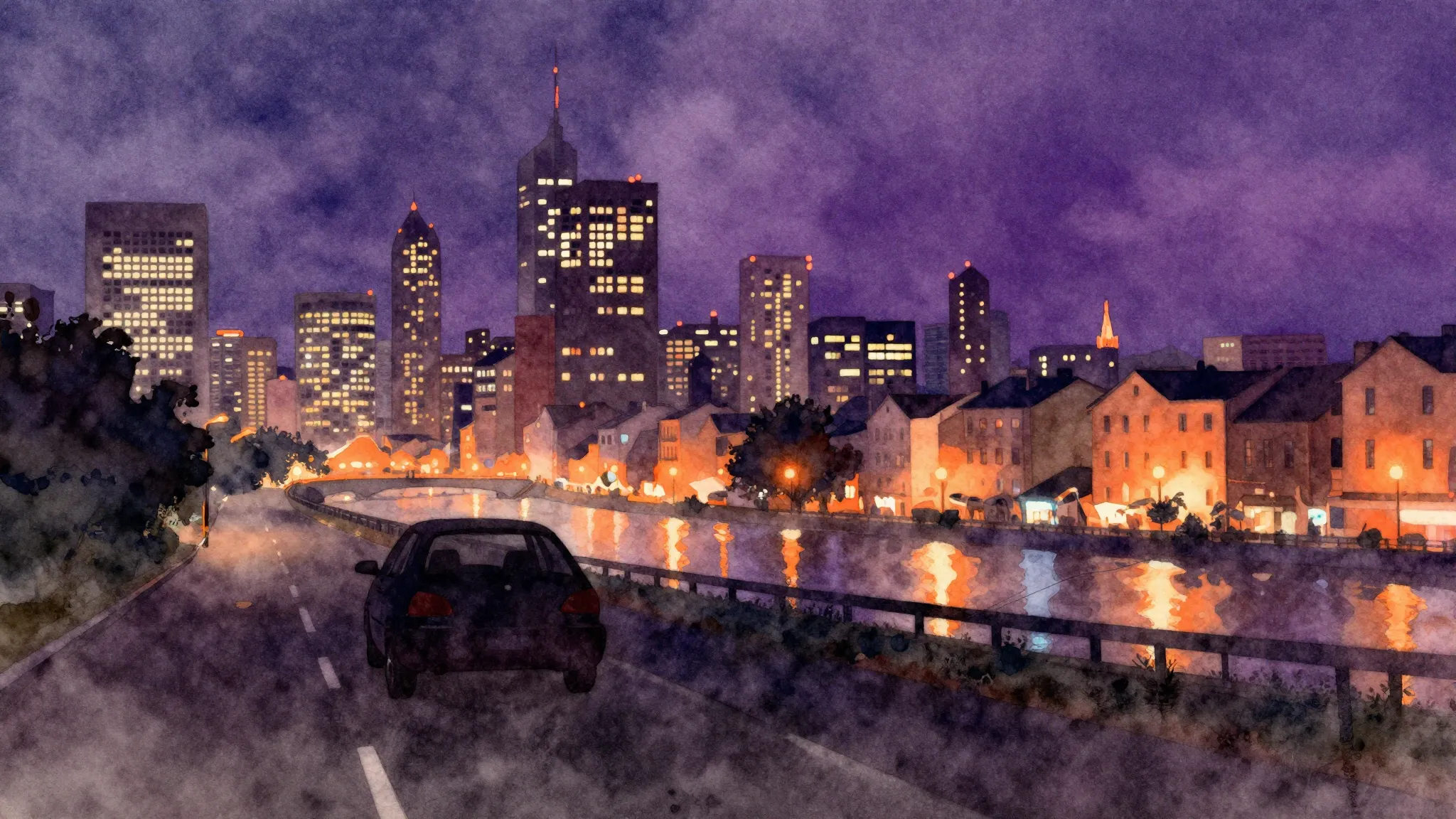 Watercolor style. Night city skyline with vibrant neon light...