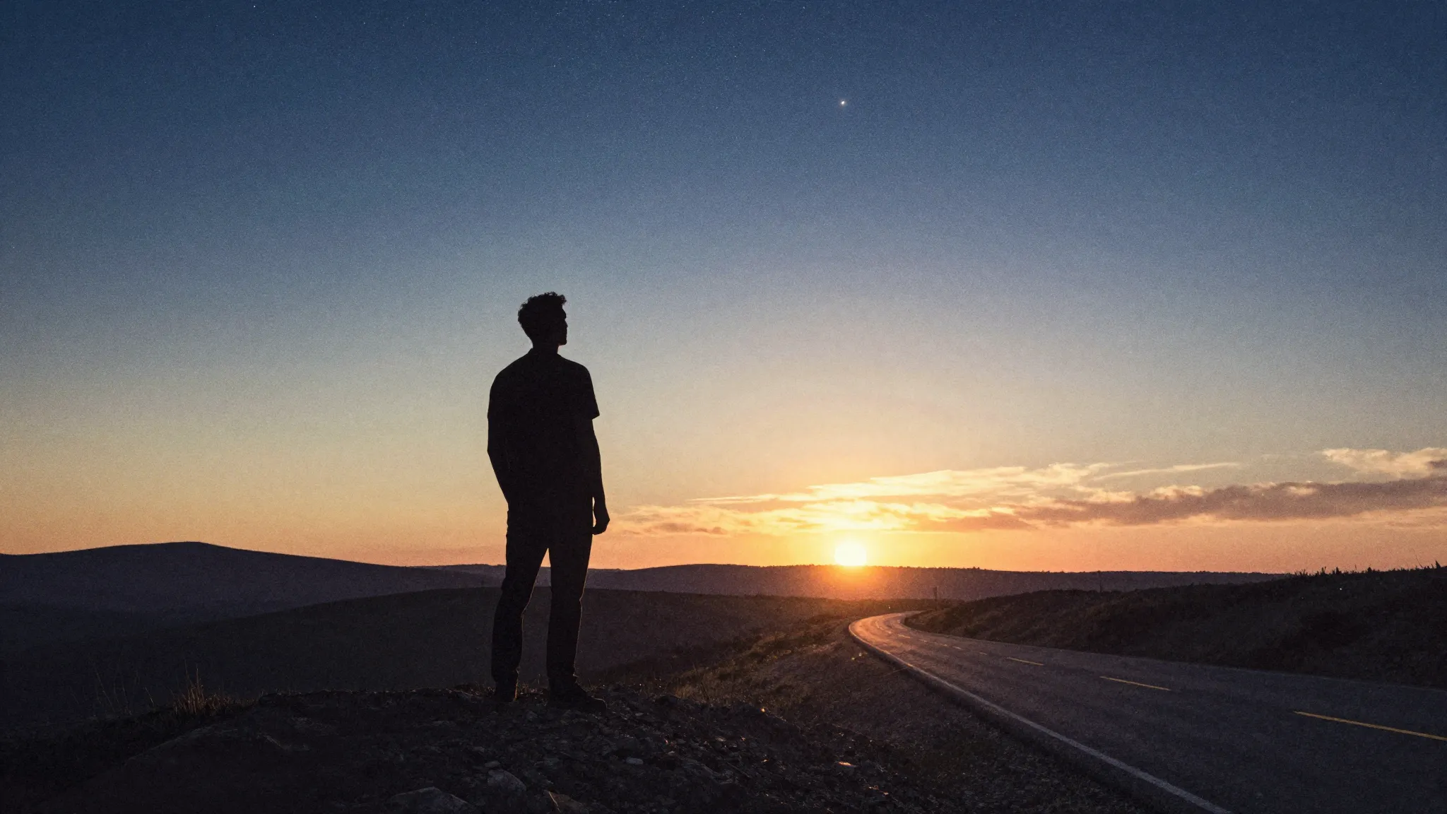 Watercolor style. A silhouette of a man stands on a hill, lo...