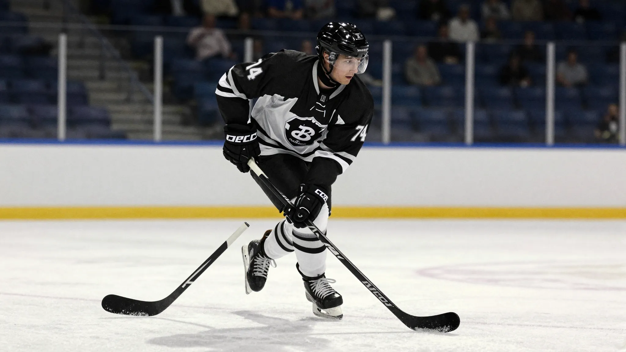 Watercolor style. A stylized silhouette of a hockey player i...