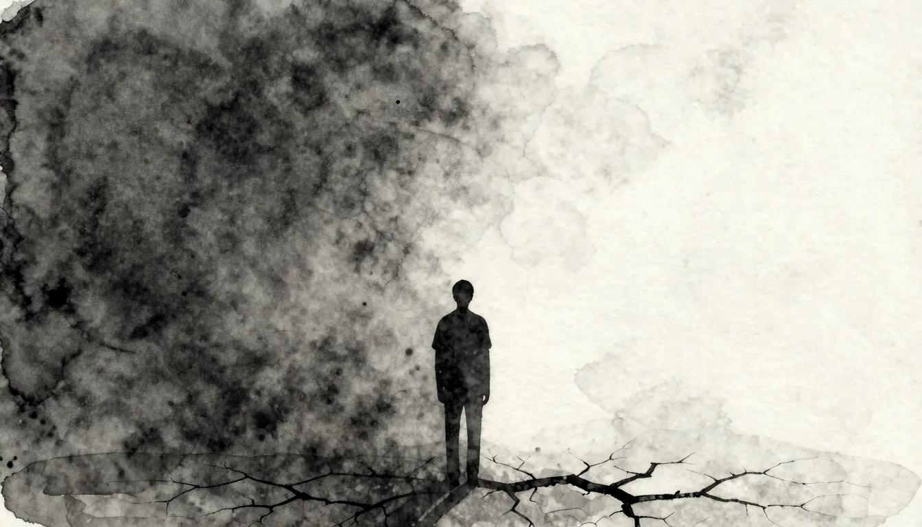 Watercolor style. A lonely silhouette of a person standing b...