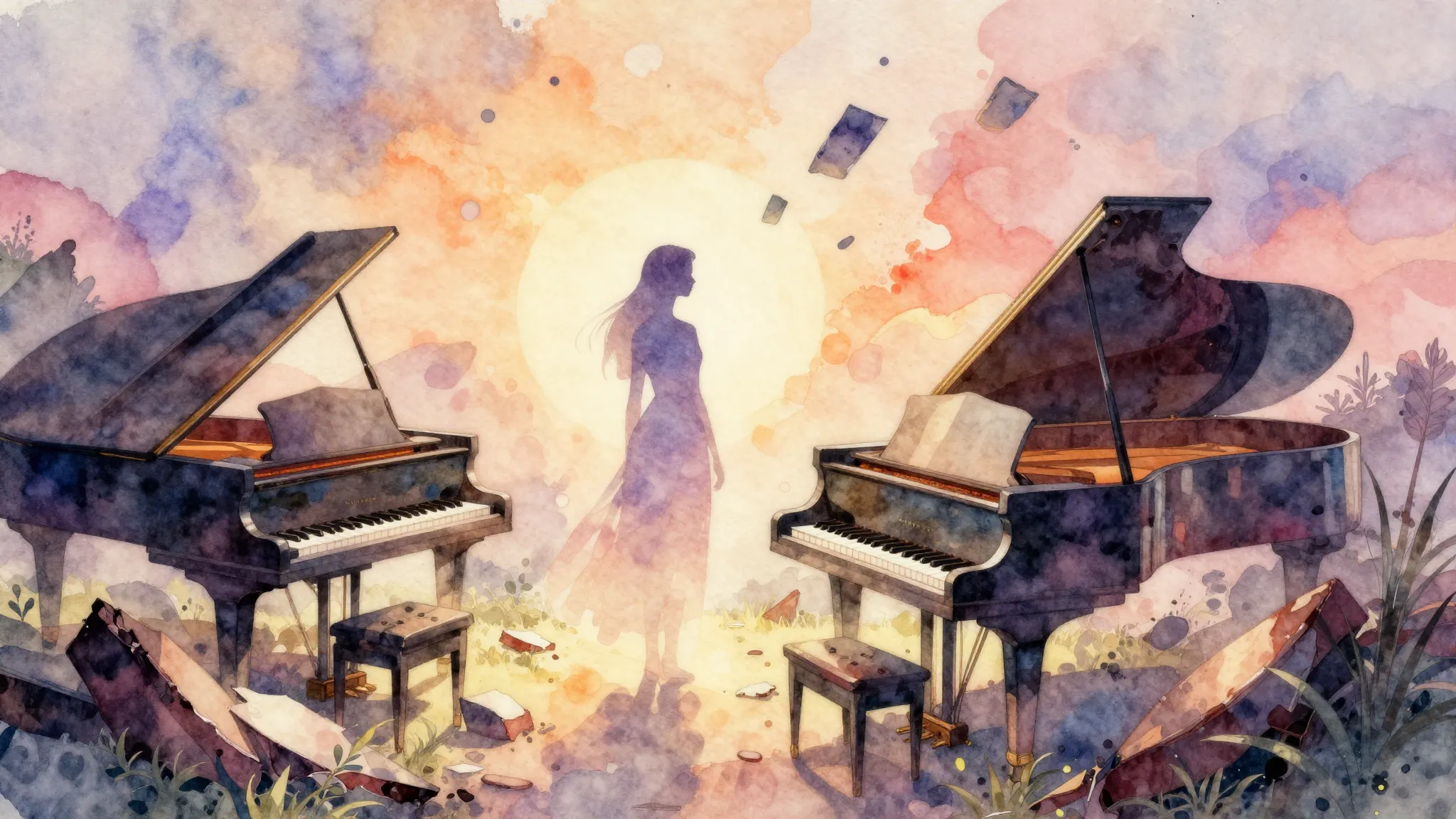 Vibrant watercolor style. Folk song cover art: a gentle, eth...