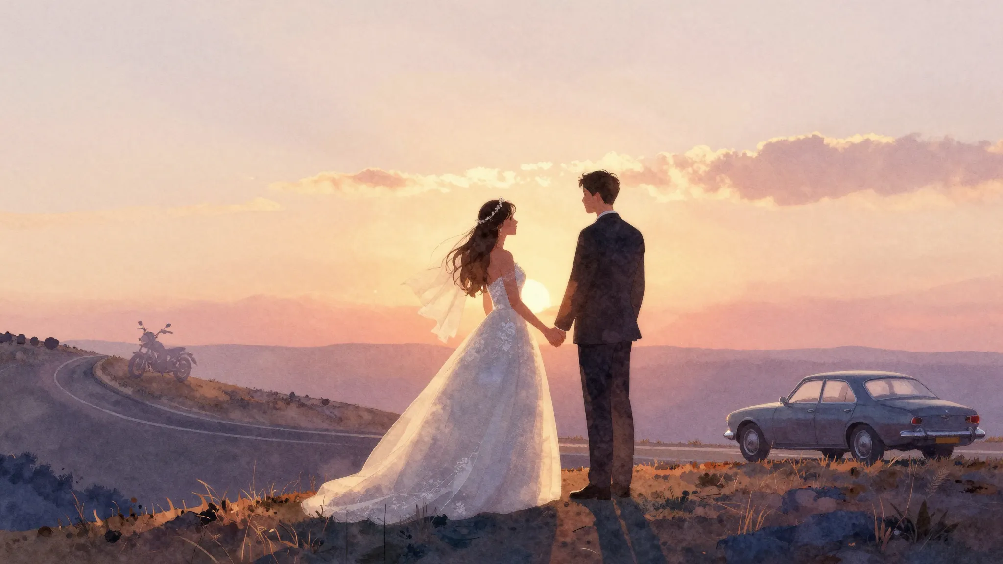 Watercolor style. A silhouette of a bride and groom standing...