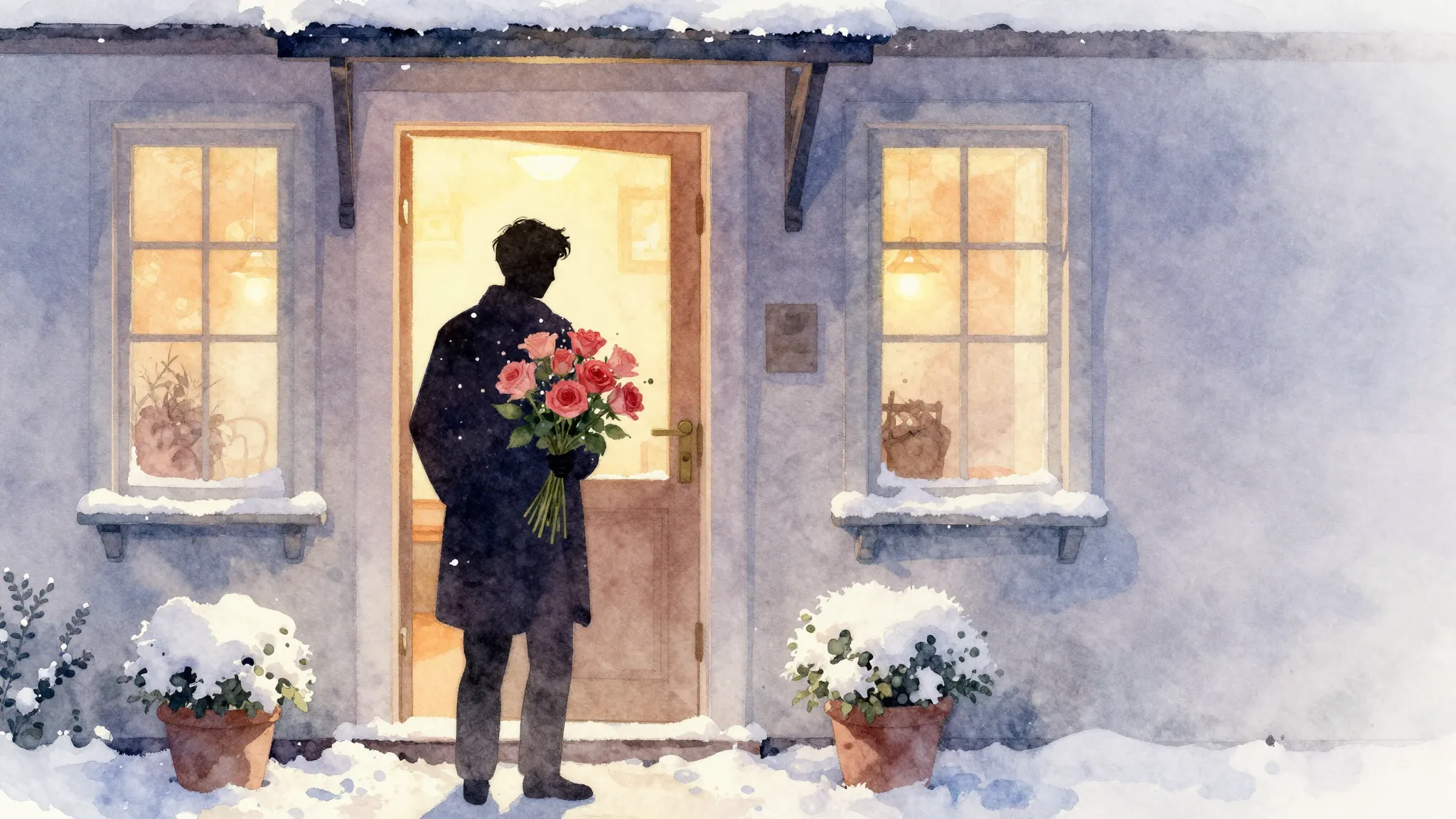 Vibrant watercolor style. A silhouette of a man holding a bo...