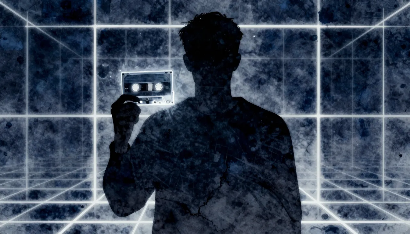 Watercolor style. A dark silhouette of a man holding a glowi...