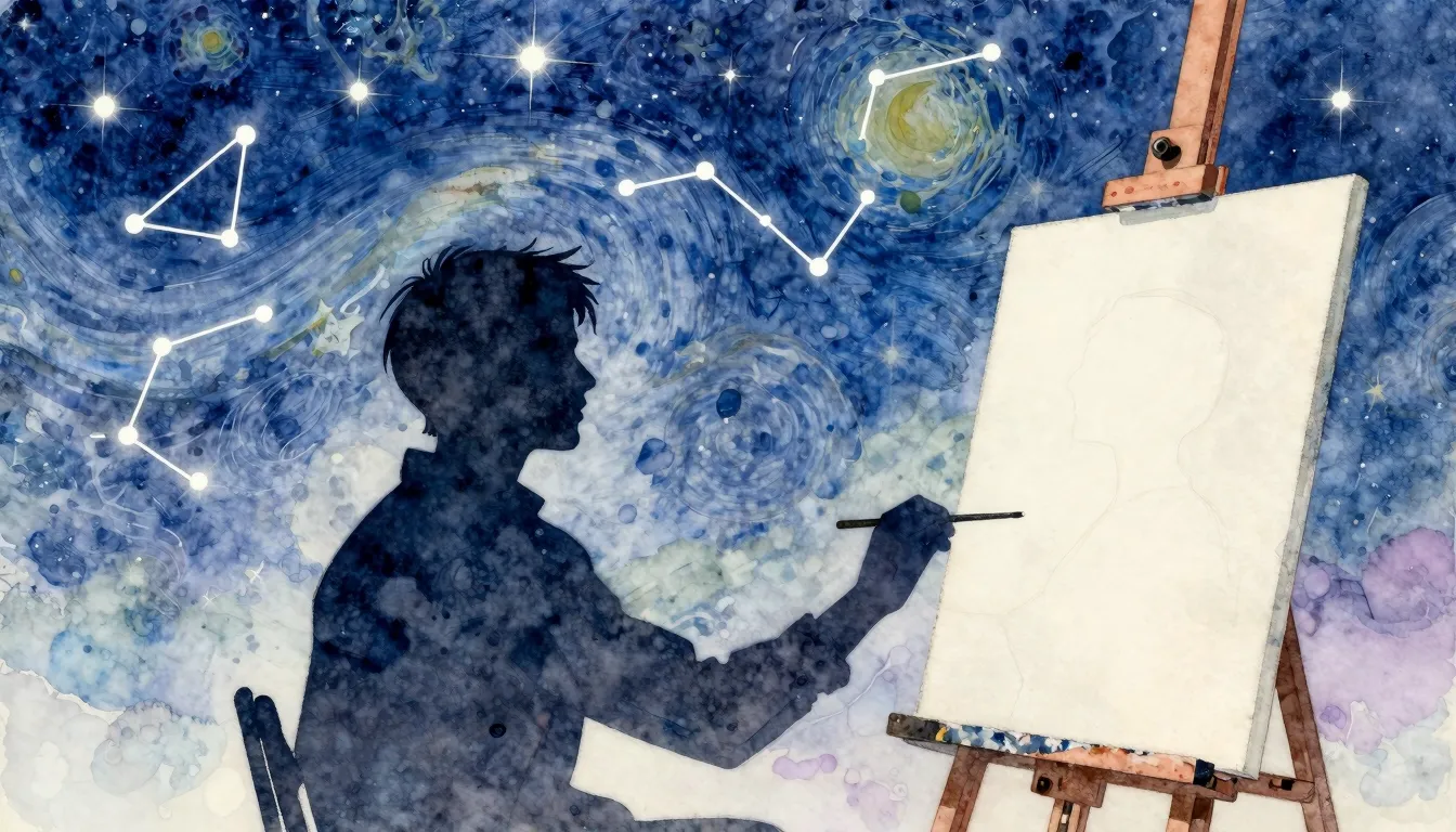 Watercolor style. A silhouette of a painter in front of an e...