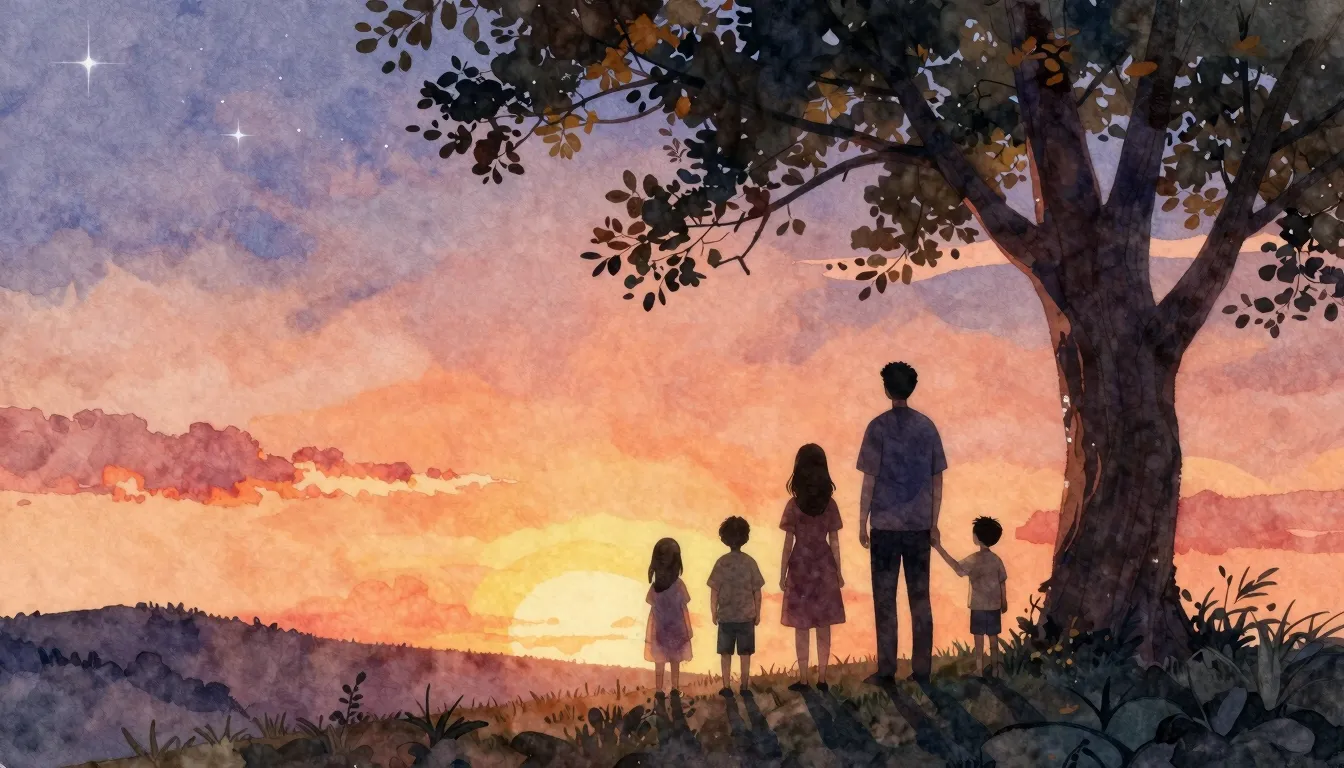 Watercolor style. A silhouette of a family of six standing o...