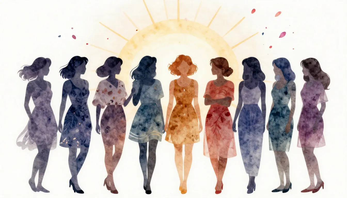 Watercolor style. Silhouettes of a diverse group of female f...