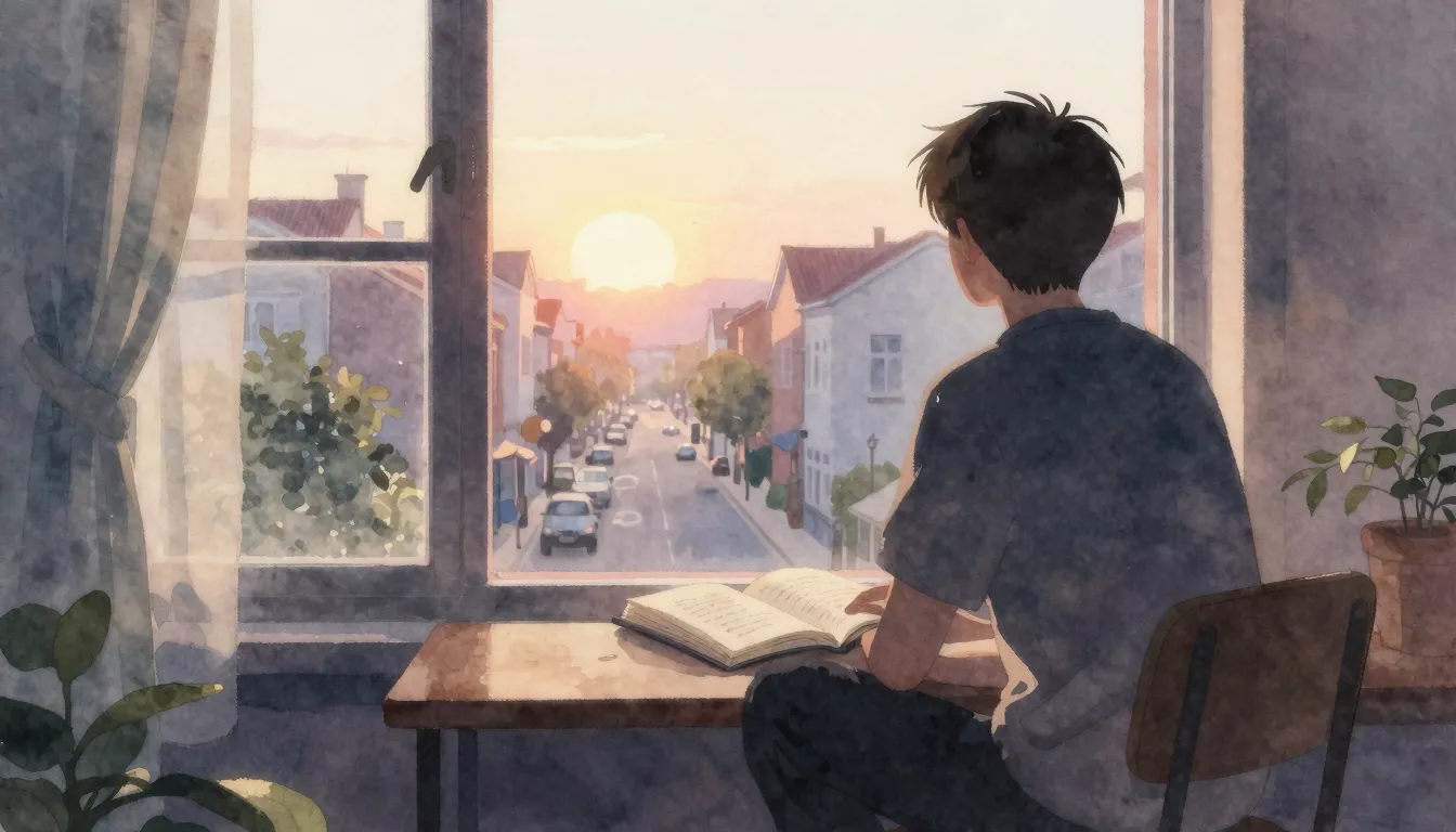 Watercolor style. A silhouette of a person sitting by a wind...