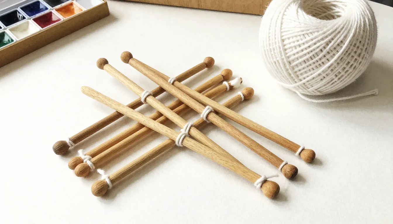 Watercolor style. A set of wooden sticks for macrame lying o...